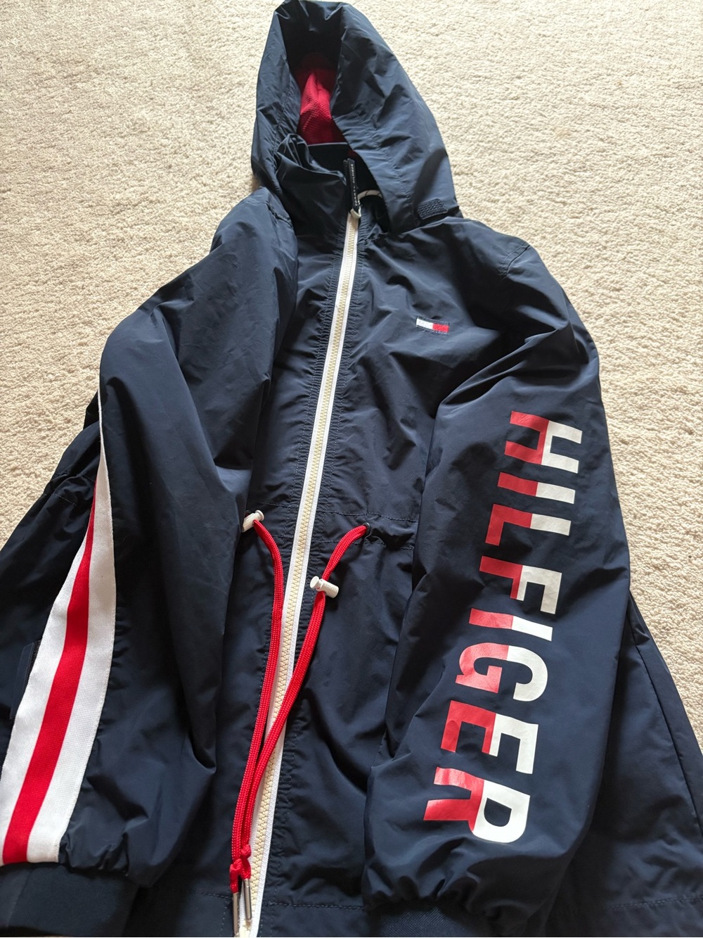 Tommy Hilfiger Women's Navy Hooded Windbreaker Jacket with Red Accents